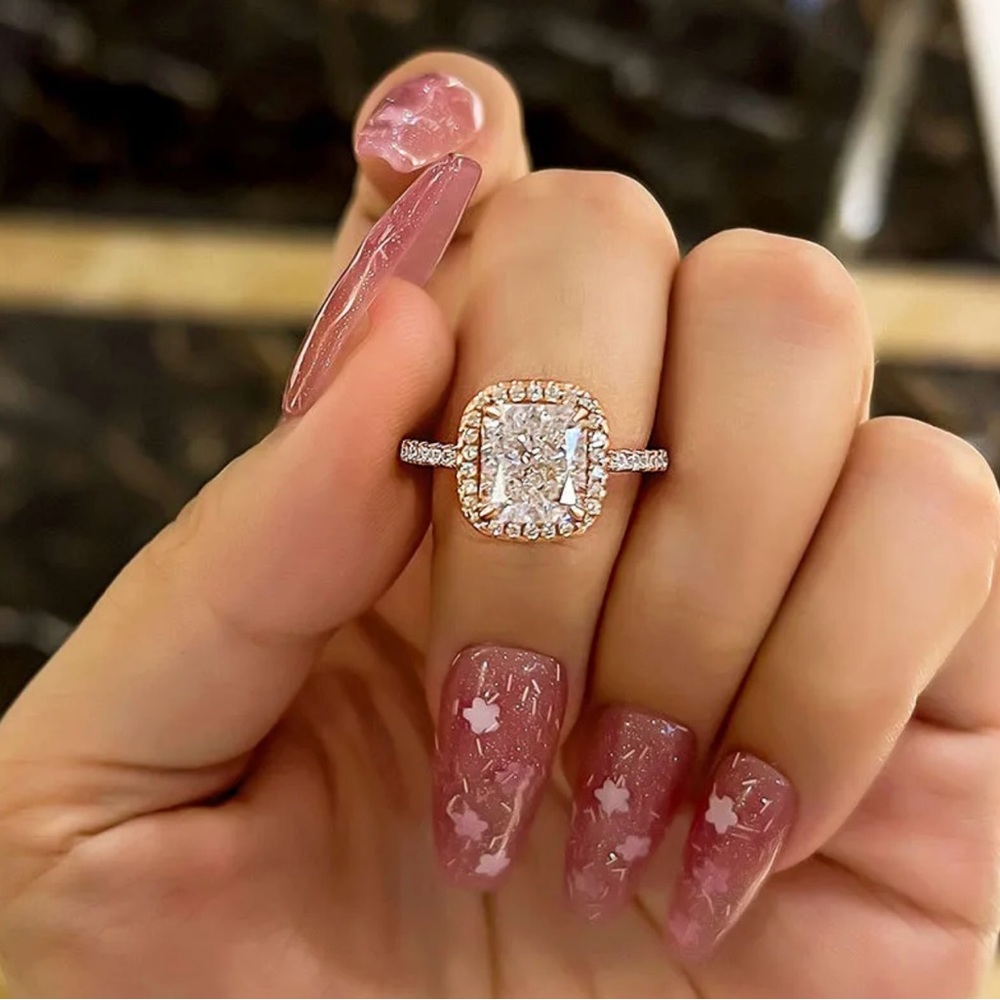 Classic Rose Gold Halo Radiant Cut Engagement Ring In Sterling Silver